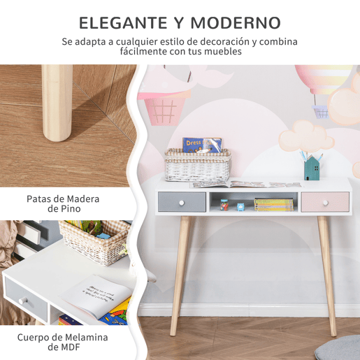 HOMCOM Consola Secretária Infantil com 1 Compartimento Aberto e 2 Gavetas Estilo Nórdico para Dormitório Entrada 100x48x76,5cm Multicolor