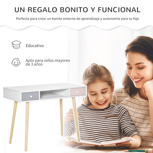 HOMCOM Consola Secretária Infantil com 1 Compartimento Aberto e 2 Gavetas Estilo Nórdico para Dormitório Entrada 100x48x76,5cm Multicolor