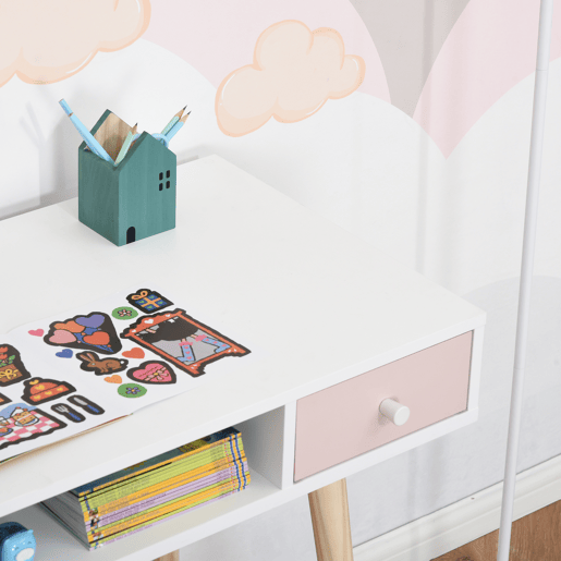 HOMCOM Consola Secretária Infantil com 1 Compartimento Aberto e 2 Gavetas Estilo Nórdico para Dormitório Entrada 100x48x76,5cm Multicolor