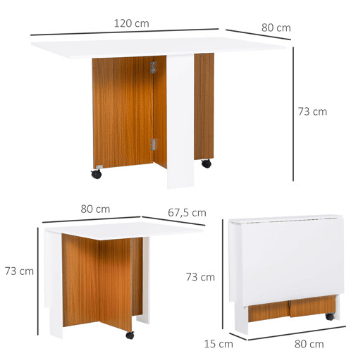 HOMCOM Mesa de Sala de Jantar Dobrável com Rodas Mesa Multifuncional para Sala de Jantar com 3 Formas 120x80x73cm Branco e Madeira HOMCOM Mesa de Sala de Jantar Dobrável com Rodas Mesa Multifuncional para Sala de Jantar com 3 Formas 120x80x73cm Branco e Madeira