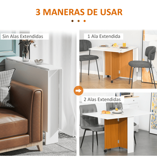 HOMCOM Mesa de Sala de Jantar Dobrável com Rodas Mesa Multifuncional para Sala de Jantar com 3 Formas 120x80x73cm Branco e Madeira HOMCOM Mesa de Sala de Jantar Dobrável com Rodas Mesa Multifuncional para Sala de Jantar com 3 Formas 120x80x73cm Branco e Madeira