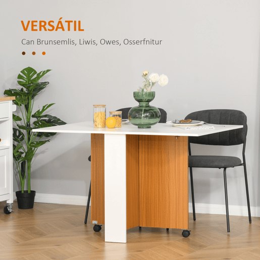 HOMCOM Mesa de Sala de Jantar Dobrável com Rodas Mesa Multifuncional para Sala de Jantar com 3 Formas 120x80x73cm Branco e Madeira HOMCOM Mesa de Sala de Jantar Dobrável com Rodas Mesa Multifuncional para Sala de Jantar com 3 Formas 120x80x73cm Branco e Madeira
