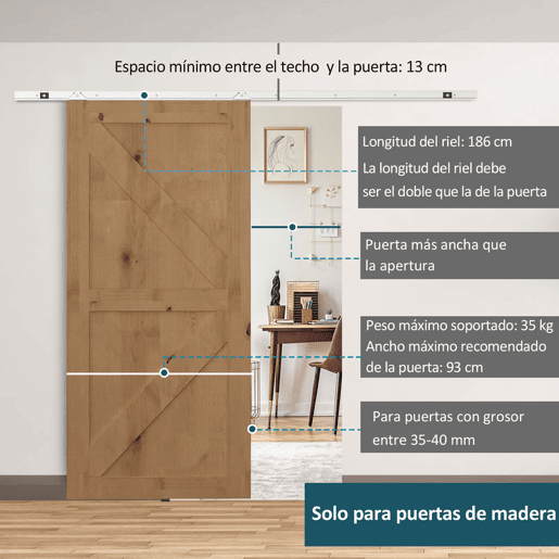 HOMCOM Ferragem para Porta Corredeira 186cm Kit de Acessórios para Porta Corredeira de Madeira com Trilho de Metal e 2 Roldanas Prata