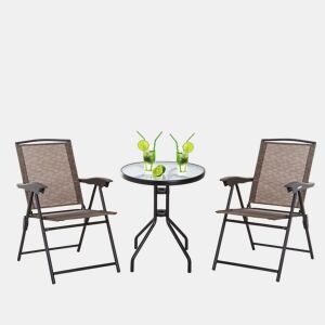 Outsunny Conjunto de Mesa e 2 Cadeiras Cadeira Dobrável Encosto Reclináveis a 4 Níveis Armação de Aço Marrom