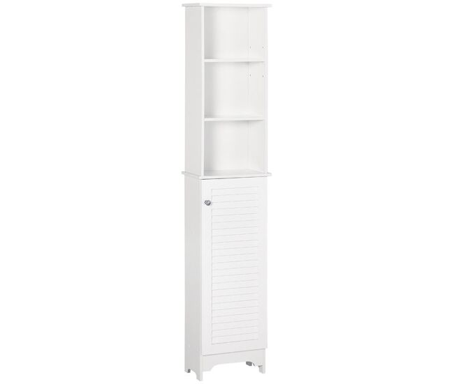 Homcom armario alto de baño con 1 puerta 3 estantes abiertos y balda interior ajustable mueble auxiliar de almacenaje para salón aseo dormitorio 34x20x165 cm blanco