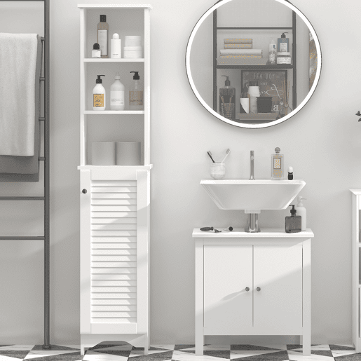 HOMCOM Coluna Casa de Banho com 1 Porta 3 Prateleiras Abertas e Prateleira Interior Ajustável Móvel Auxiliar de Armazenamento para Sala de Estar Dormitório 34x20x165cm Branco