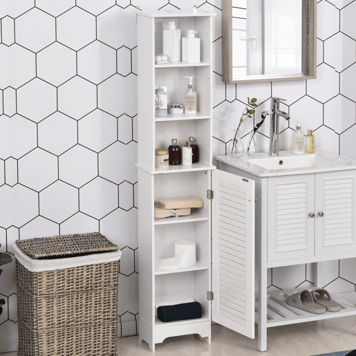 HOMCOM Coluna Casa de Banho com 1 Porta 3 Prateleiras Abertas e Prateleira Interior Ajustável Móvel Auxiliar de Armazenamento para Sala de Estar Dormitório 34x20x165cm Branco
