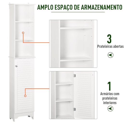 HOMCOM Coluna Casa de Banho com 1 Porta 3 Prateleiras Abertas e Prateleira Interior Ajustável Móvel Auxiliar de Armazenamento para Sala de Estar Dormitório 34x20x165cm Branco