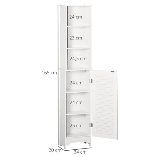 HOMCOM Coluna Casa de Banho com 1 Porta 3 Prateleiras Abertas e Prateleira Interior Ajustável Móvel Auxiliar de Armazenamento para Sala de Estar Dormitório 34x20x165cm Branco