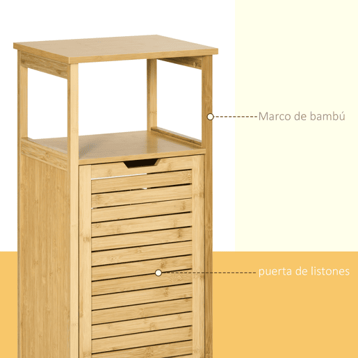 kleanklin Cesto para Roupa de Bambú Armário para Casa de Banho com 2 Prateleiras 1 Cesta de Tecido Removível Móvel de Armazenamento para Sala de Estar Cozinha 40x30x86,5 Natural
