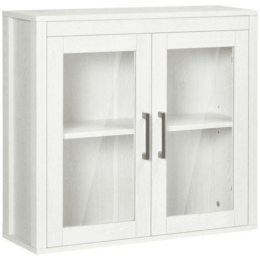 kleankin Armário Casa de Banho de Parede com 2 Portas de Vidro e Prateleira Ajustável Móvel Suspenso de Casa de Banho para Cozinha Dormitório Estilo Moderno 60x19,5x54cm Branco