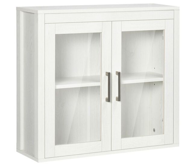 Kleankin armario de baño de pared con 2 puertas de vidrio y estante ajustable mueble colgante de baño para cocina dormitorio aseo estilo moderno 60x19,5x54 cm blanco