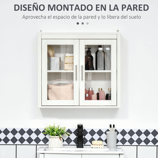 kleankin Armário Casa de Banho de Parede com 2 Portas de Vidro e Prateleira Ajustável Móvel Suspenso de Casa de Banho para Cozinha Dormitório Estilo Moderno 60x19,5x54cm Branco