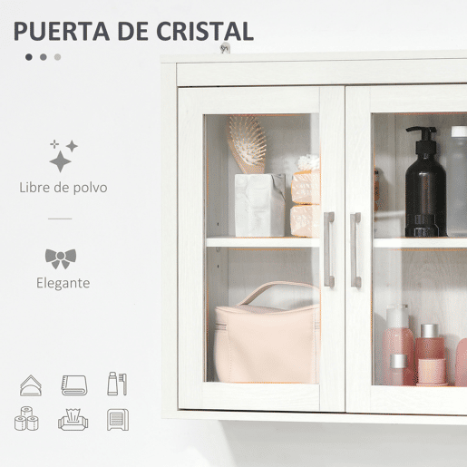 kleankin Armário Casa de Banho de Parede com 2 Portas de Vidro e Prateleira Ajustável Móvel Suspenso de Casa de Banho para Cozinha Dormitório Estilo Moderno 60x19,5x54cm Branco