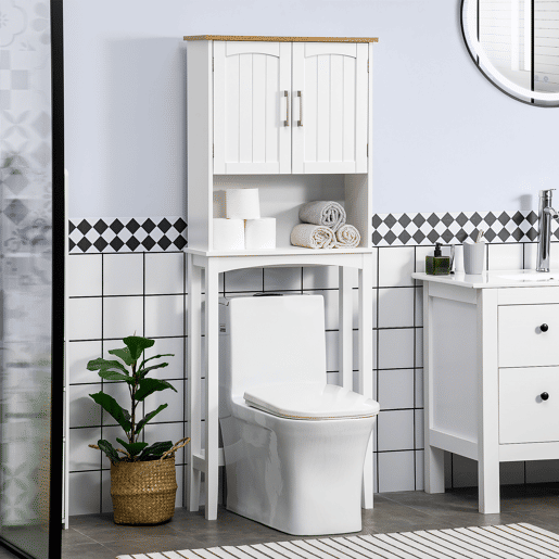 kleankin Armário sobre Sanita Armário Alto para Lavanderia com 2 Portas Prateleira Interior Ajustável e Prateleira de Armazenamento para Casa de Banho Carga Máxima 20kg Anti-Tombo 64x22x165cm Branco