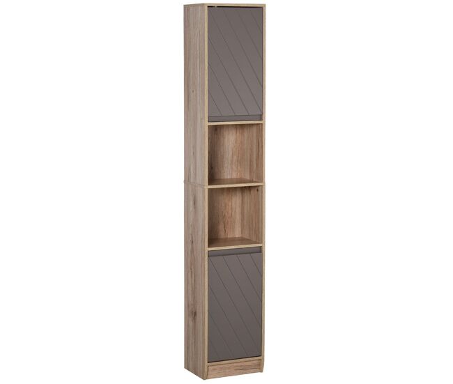 Homcom armario de baño alto, columna de baño estrecha con 2 puertas y 2 estantes abiertos, para espacios pequeños, 30x24x170 cm, roble y gris