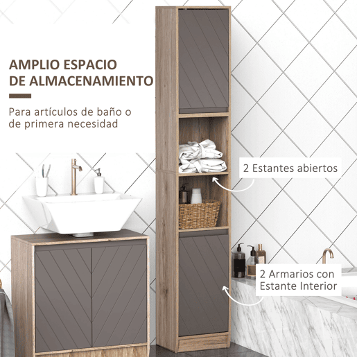 HOMCOM Armário Alto para Casa de Banho, Coluna Estreita com 2 Portas e 2 Prateleiras Abertas, para Espaços Reduzidos, 30x24x170 cm, Carvalho e Cinzento HOMCOM Armário Alto para Casa de Banho, Coluna Estreita com 2 Portas e 2 Prateleiras Abertas, para Espaços Reduzidos, 30x24x170 cm, Carvalho e Cinzento