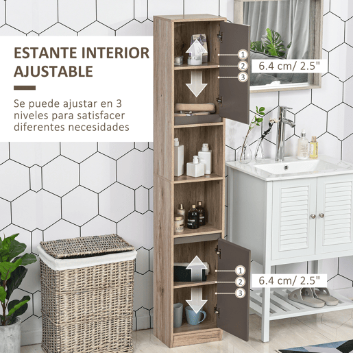 HOMCOM Armário Alto para Casa de Banho, Coluna Estreita com 2 Portas e 2 Prateleiras Abertas, para Espaços Reduzidos, 30x24x170 cm, Carvalho e Cinzento HOMCOM Armário Alto para Casa de Banho, Coluna Estreita com 2 Portas e 2 Prateleiras Abertas, para Espaços Reduzidos, 30x24x170 cm, Carvalho e Cinzento