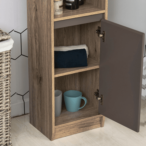 HOMCOM Armário Alto para Casa de Banho, Coluna Estreita com 2 Portas e 2 Prateleiras Abertas, para Espaços Reduzidos, 30x24x170 cm, Carvalho e Cinzento HOMCOM Armário Alto para Casa de Banho, Coluna Estreita com 2 Portas e 2 Prateleiras Abertas, para Espaços Reduzidos, 30x24x170 cm, Carvalho e Cinzento