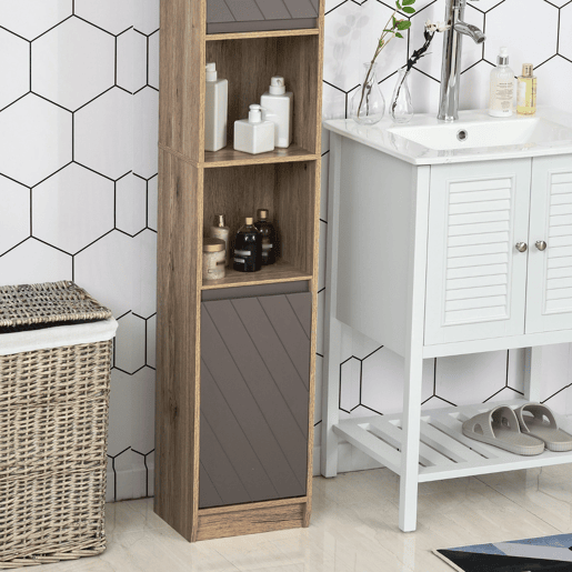 HOMCOM Armário Alto para Casa de Banho, Coluna Estreita com 2 Portas e 2 Prateleiras Abertas, para Espaços Reduzidos, 30x24x170 cm, Carvalho e Cinzento HOMCOM Armário Alto para Casa de Banho, Coluna Estreita com 2 Portas e 2 Prateleiras Abertas, para Espaços Reduzidos, 30x24x170 cm, Carvalho e Cinzento
