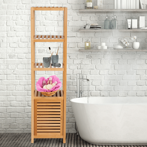 HOMCOM Estantes de bambu para o banheiro Armário alto Livraria Organizador 4 Níveis 1 Porta 36x33x140cm