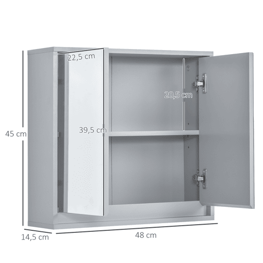 HOMCOM Armário de banheiro com espelho de parede com prateleira ajustável 3 níveis 2 portas Cozinha Armazenamento Medicamentos 48x14,5x45 cm Cinza