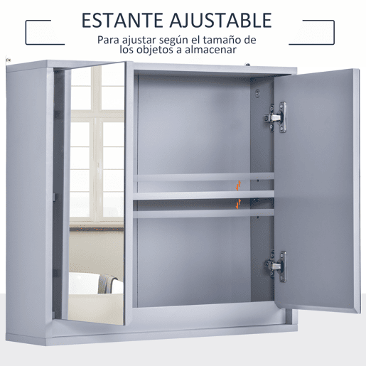 HOMCOM Armário de banheiro com espelho de parede com prateleira ajustável 3 níveis 2 portas Cozinha Armazenamento Medicamentos 48x14,5x45 cm Cinza