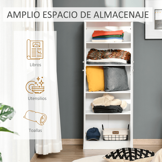 HOMCOM Armário Alto de 2 Portas Móvel Auxiliar de Armazenamento Multifuncional com 5 Prateleiras e Prateleiras Interiores Ajustáveis para Sala Dormitório Cozinha 59x31x155cm Branco