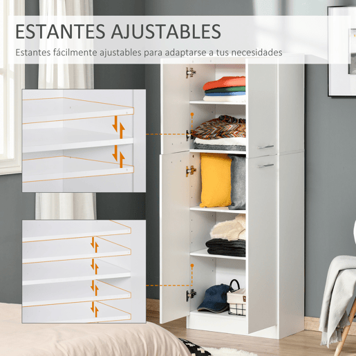 HOMCOM Armário Alto de 2 Portas Móvel Auxiliar de Armazenamento Multifuncional com 5 Prateleiras e Prateleiras Interiores Ajustáveis para Sala Dormitório Cozinha 59x31x155cm Branco