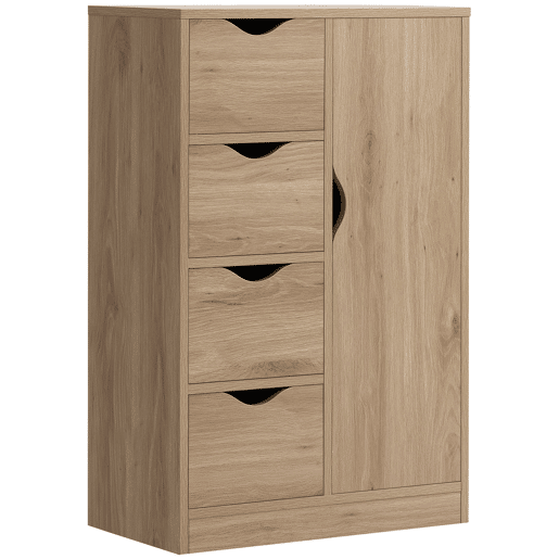 HOMCOM Armário de Sala de Estar Aparador Auxiliar com 4 Gavetas 1 Armário e Prateleira Inferior Móvel de Armazenamento Múltiuso para Dormitórios Sala de Jantar 54x29x83cm Carvalho