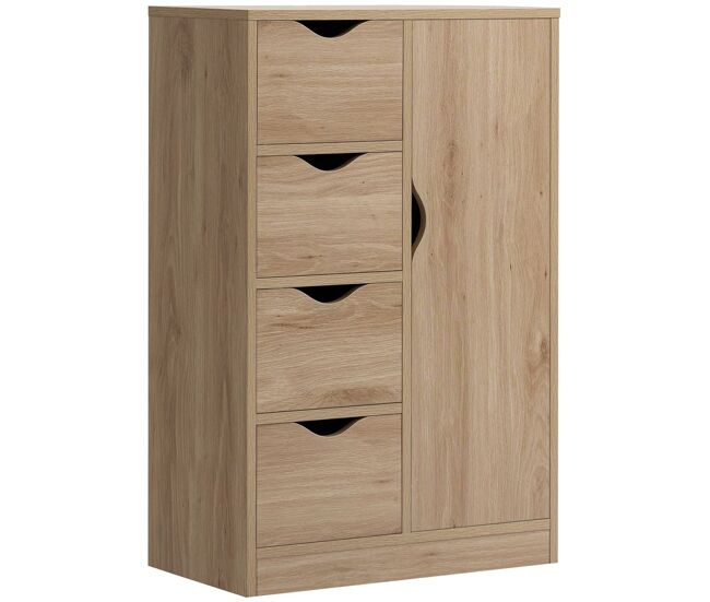 Homcom armario de salón aparador auxiliar con 4 cajones 1 puerta y estante interior mueble de almacenaje multiusos para baño dormitorio comedor 54x29x83 cm roble