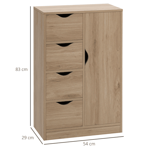 HOMCOM Armário de Sala de Estar Aparador Auxiliar com 4 Gavetas 1 Armário e Prateleira Inferior Móvel de Armazenamento Múltiuso para Dormitórios Sala de Jantar 54x29x83cm Carvalho