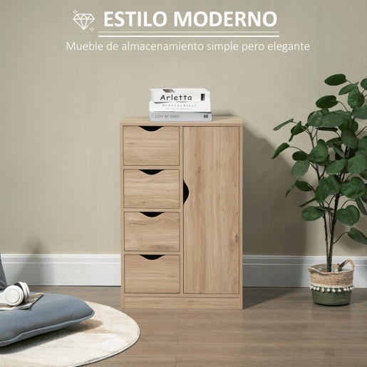 HOMCOM Armário de Sala de Estar Aparador Auxiliar com 4 Gavetas 1 Armário e Prateleira Inferior Móvel de Armazenamento Múltiuso para Dormitórios Sala de Jantar 54x29x83cm Carvalho