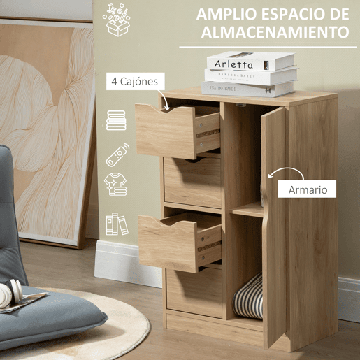 HOMCOM Armário de Sala de Estar Aparador Auxiliar com 4 Gavetas 1 Armário e Prateleira Inferior Móvel de Armazenamento Múltiuso para Dormitórios Sala de Jantar 54x29x83cm Carvalho