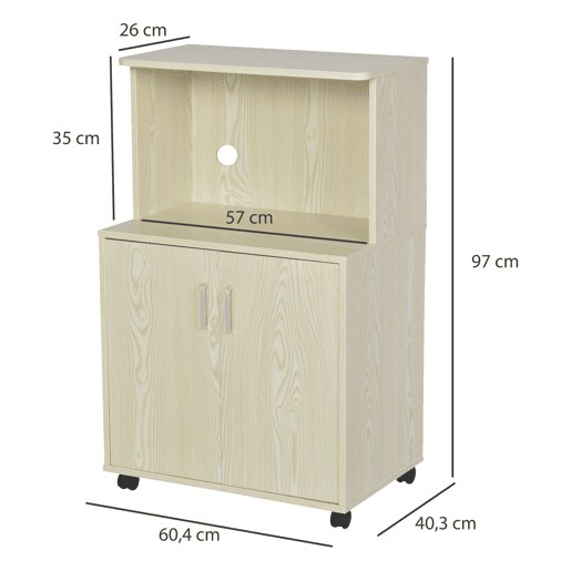 HOMCOM Armário Auxiliar para Microondas Armário de Cozinha Baixo com Armário de 2 Portas e Prateleira Ajustável com Rodas Carga 70 kg 60,4x40,3x97cm Carvalho