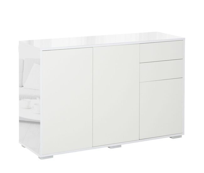 Homcom aparador de salón con 3 puertas 2 cajones y estante interior ajustable mueble auxiliar de almacenaje para cocina dormitorio antivuelco 117x36x74 cm alto brillo blanco