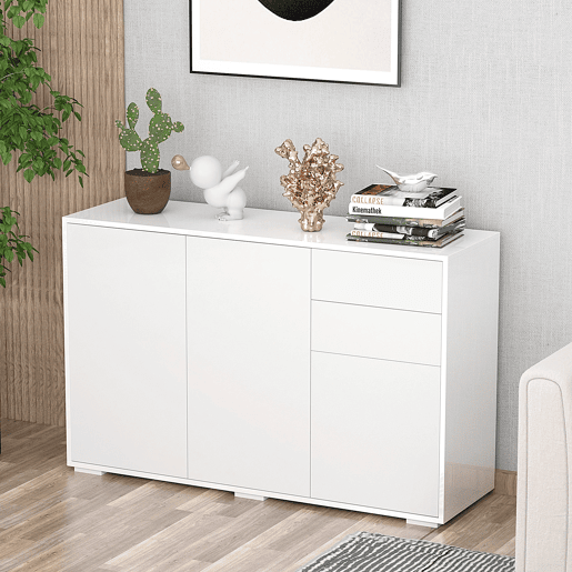 HOMCOM Aparador de Sala de Estar com 3 Portas 2 Gavetas e Prateleira Interior Ajustável Móvel Auxiliar de Armazenamento para Cozinha Dormitório Anti-Rolamento 117x36x74cm Branco