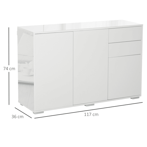 HOMCOM Aparador de Sala de Estar com 3 Portas 2 Gavetas e Prateleira Interior Ajustável Móvel Auxiliar de Armazenamento para Cozinha Dormitório Anti-Rolamento 117x36x74cm Branco