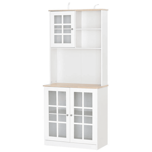 HOMCOM Armário de Cozinha com Prateleiras e Portas de Vidro Armário Alto de Cozinha para Pequenos Eletrodomésticos e Louças 80x37x183 cm Branco