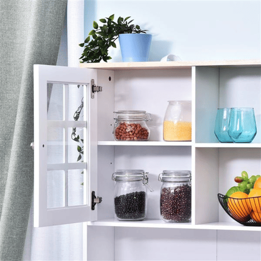 HOMCOM Armário de Cozinha com Prateleiras e Portas de Vidro Armário Alto de Cozinha para Pequenos Eletrodomésticos e Louças 80x37x183 cm Branco