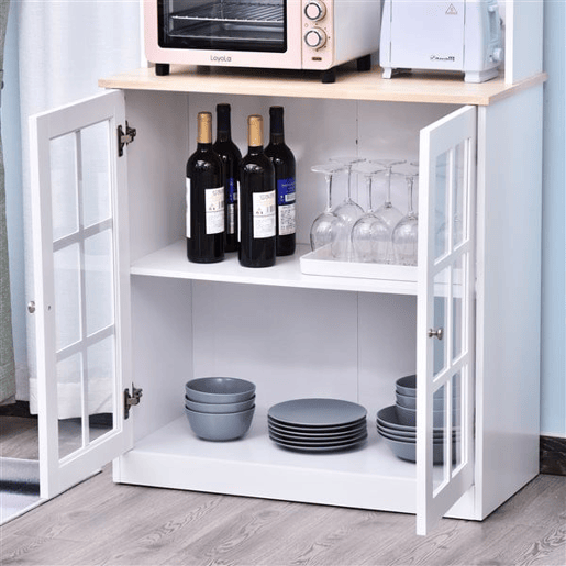 HOMCOM Armário de Cozinha com Prateleiras e Portas de Vidro Armário Alto de Cozinha para Pequenos Eletrodomésticos e Louças 80x37x183 cm Branco