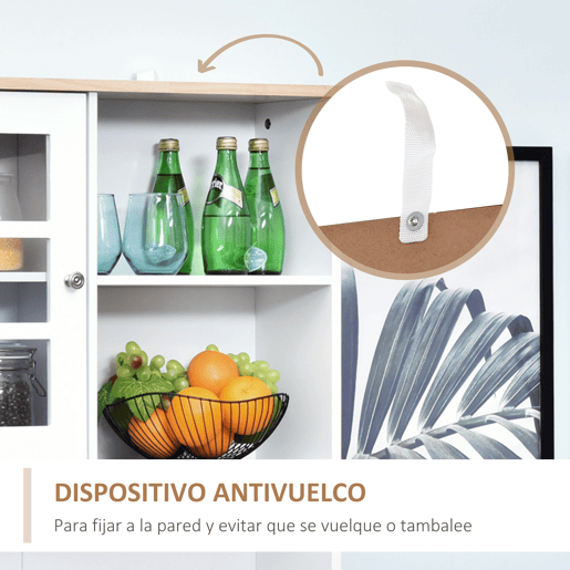 HOMCOM Armário de Cozinha com Prateleiras e Portas de Vidro Armário Alto de Cozinha para Pequenos Eletrodomésticos e Louças 80x37x183 cm Branco