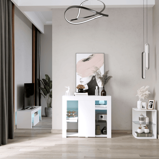 HOMCOM Aparador Moderno com Luzes LED Móvel Buffet com 1 Porta com Fechamento a Pressão e Prateleiras Ajustáveis Controle Remoto 97x35x83cm Branco