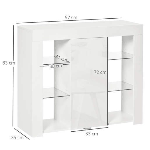 HOMCOM Aparador Moderno com Luzes LED Móvel Buffet com 1 Porta com Fechamento a Pressão e Prateleiras Ajustáveis Controle Remoto 97x35x83cm Branco