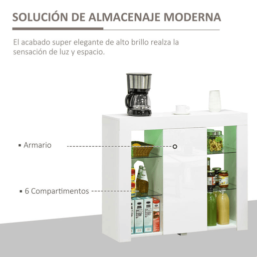 HOMCOM Aparador Moderno com Luzes LED Móvel Buffet com 1 Porta com Fechamento a Pressão e Prateleiras Ajustáveis Controle Remoto 97x35x83cm Branco