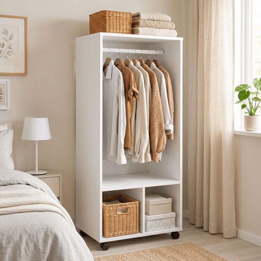 HOMCOM Roupeiro de Madeira Móvel Armário Roupeiro Aberto com Barra para Pendurar e Prateleiras Organizadoras para Dormitório 60x40x128cm Branco