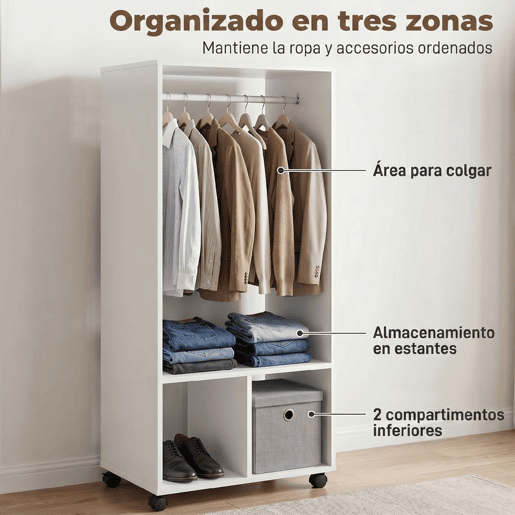 HOMCOM Roupeiro de Madeira Móvel Armário Roupeiro Aberto com Barra para Pendurar e Prateleiras Organizadoras para Dormitório 60x40x128cm Branco