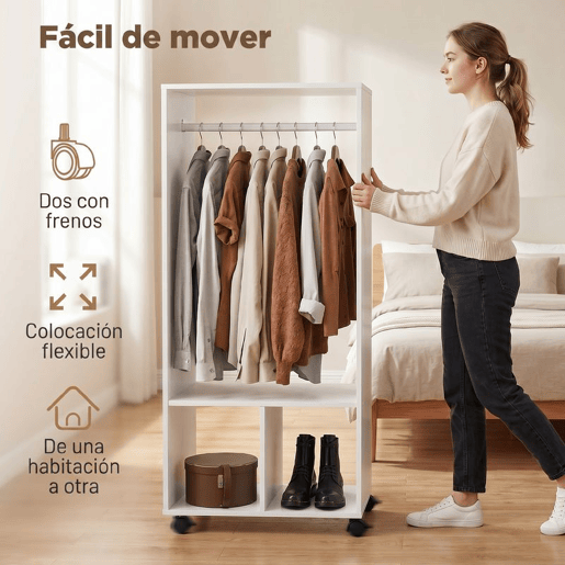 HOMCOM Roupeiro de Madeira Móvel Armário Roupeiro Aberto com Barra para Pendurar e Prateleiras Organizadoras para Dormitório 60x40x128cm Branco