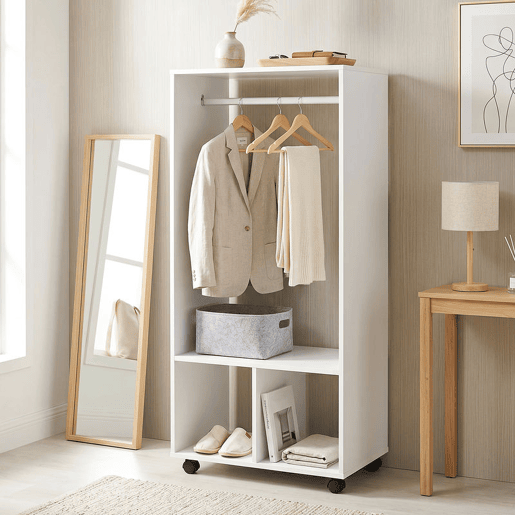HOMCOM Roupeiro de Madeira Móvel Armário Roupeiro Aberto com Barra para Pendurar e Prateleiras Organizadoras para Dormitório 60x40x128cm Branco