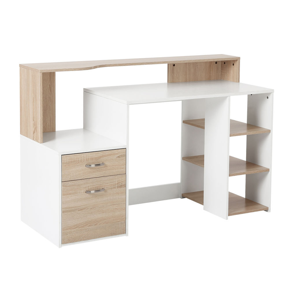 Homcom mesa de ordenador pc 137x55x92 cm escritorio con estantería de 3 estantes 2 cajones y soporte para impresora para oficina estudio despacho blanco y roble